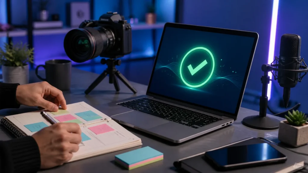 Espacio de trabajo para crear contenido digital con símbolo de aprobación