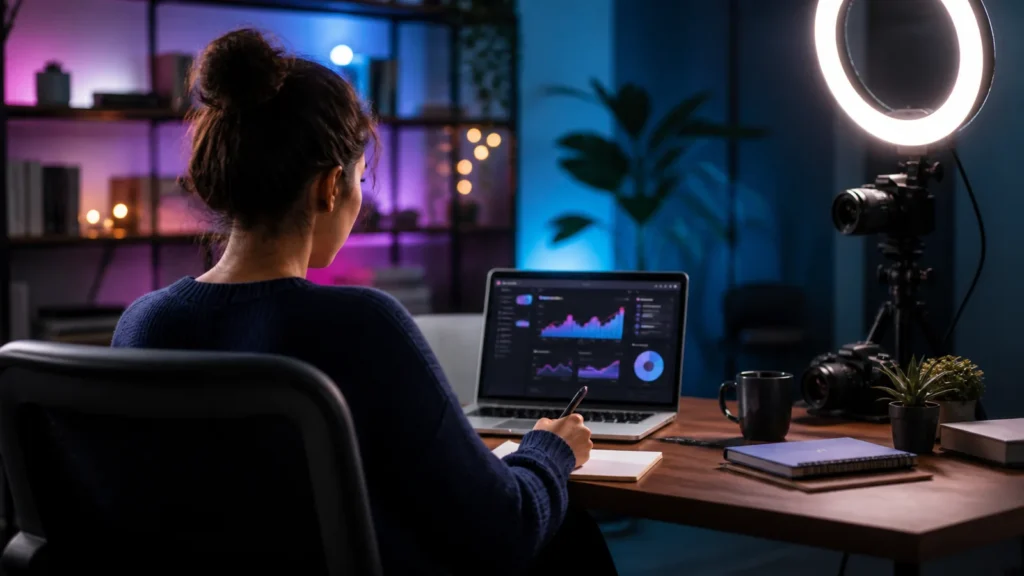 Creadora de contenido trabajando en un estudio digital profesional