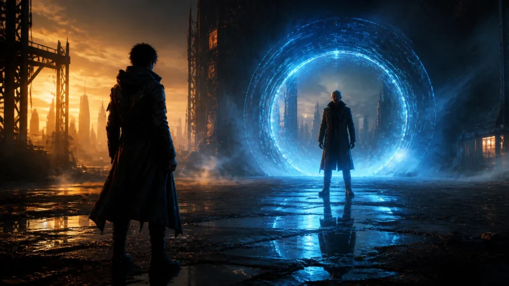 Two versions of a traveler in front of a futuristic temporal corridor