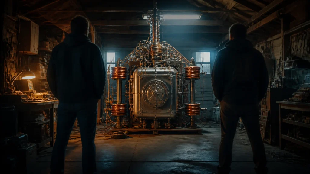 Dos ingenieros ante una máquina del tiempo construida en un garaje
