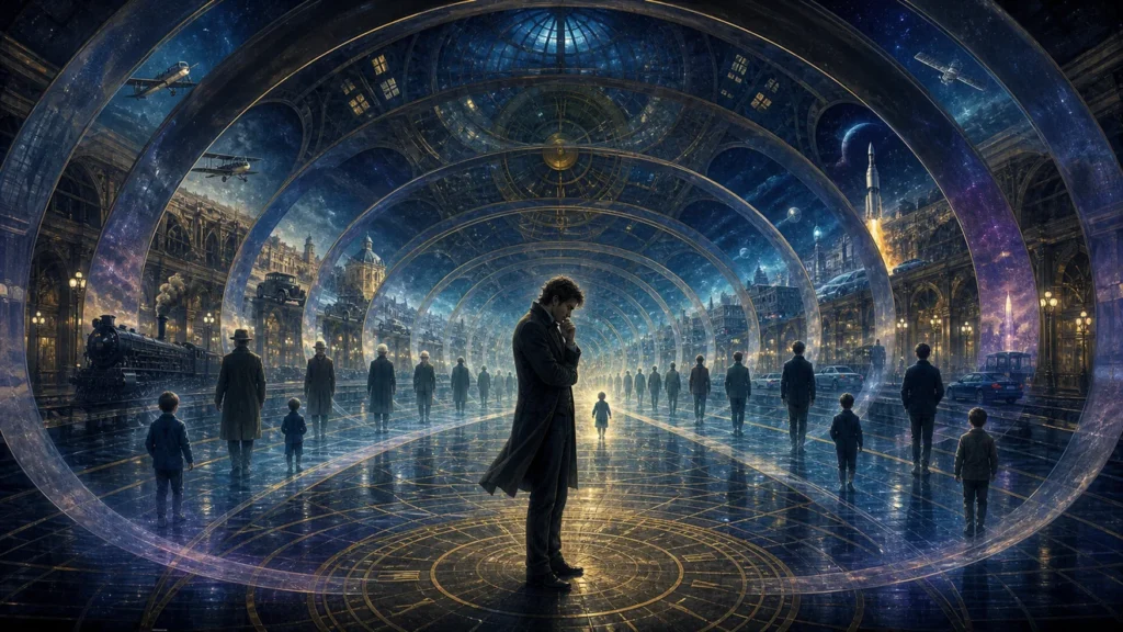 Un hombre contempla múltiples versiones circulares de su vida a través del siglo XX